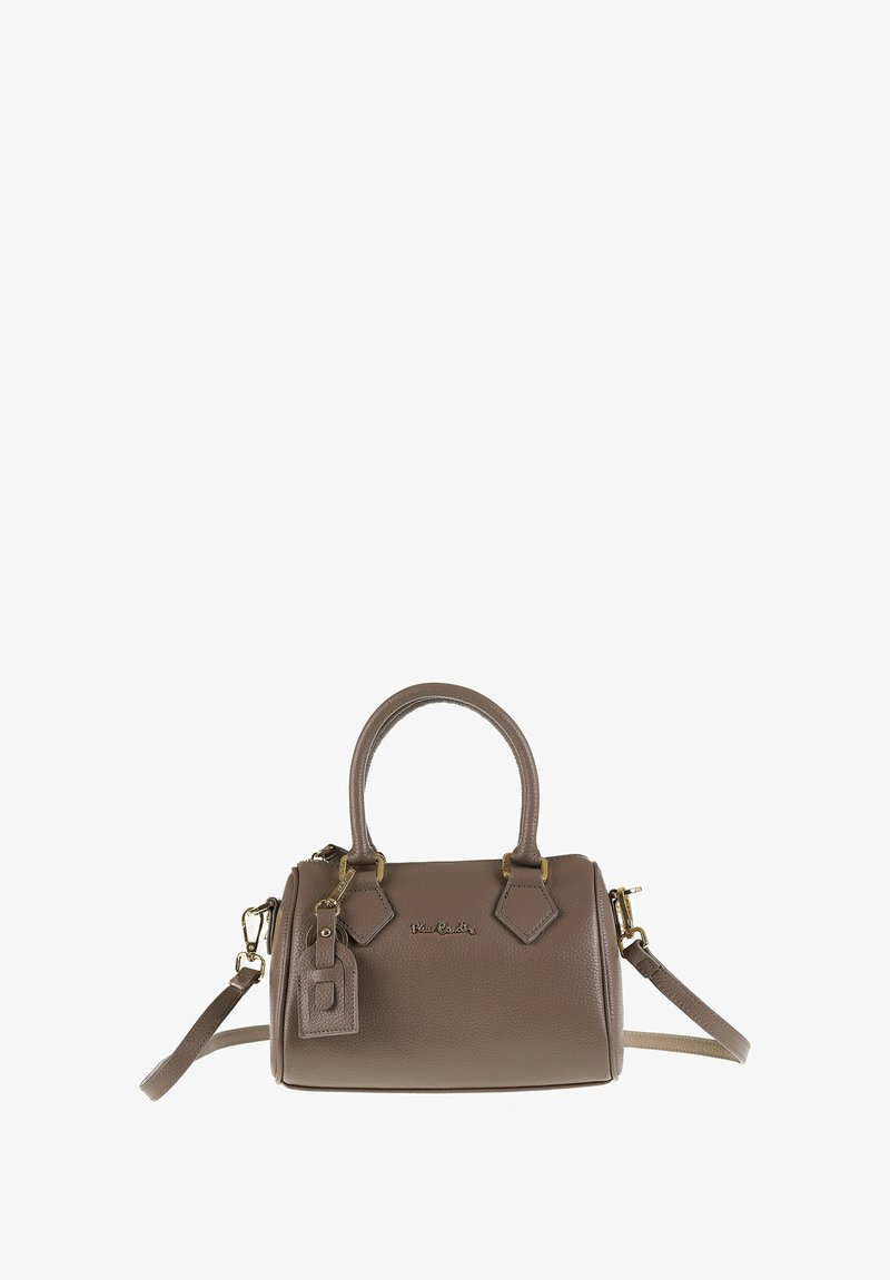 Kleine bruine leren handtas met dubbele handvatten, afneembare schouderriem, hardware in goudtoonaard en logo-detail. Getextureerde afwerking, ronde vorm.