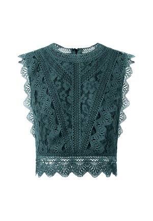 Teal lace top featuring scalloped edges, floral patterns, and intricate detailing. Zipper closure at the back. Cropped design.