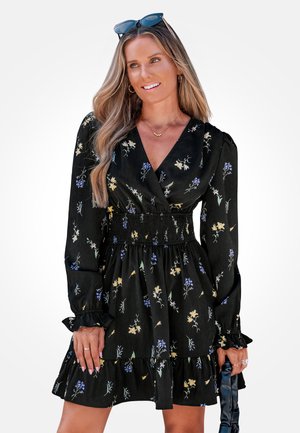FLORAL PRINT V-NECKLINE RUFFLE - Freizeitkleid - black floral
