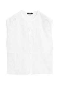 White sleeveless blouse with button closure, featuring cut-out lace design, textured fabric, and a round neckline.