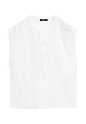 White sleeveless blouse with button closure, featuring cut-out lace design, textured fabric, and a round neckline.