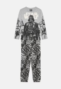 Graues Langarm-Pyjama-Set mit einem Grafikdesign eines Charakters und dem Text "STAR WARS" darüber. Schwarze und weiße gemusterte Hose mit verschiedenen Charakteren.