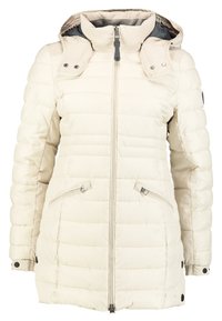 Puffersjakke i off-white med lynlås foran, høj krave og to sidelommer. Har quiltet tekstur og trykknapsdetaljer.