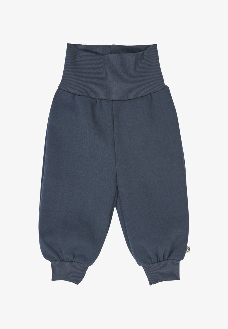 Námořnické modré kalhoty pro batolata s ribbovým vysokým pasem a elastickými manžetami, vyrobené z měkké a pohodlné tkaniny.