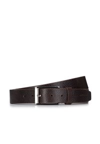 Cinturón de cuero marrón oscuro con un acabado texturizado, que presenta una hebilla de metal plateado y cinco agujeros para ajustar el tamaño.