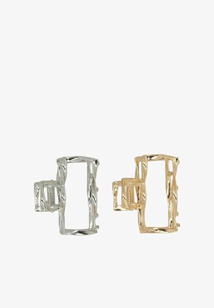 Fermagli per capelli in metallo color argento e oro, con design rettangolare, finitura testurizzata e meccanismo a molla per una chiusura sicura.