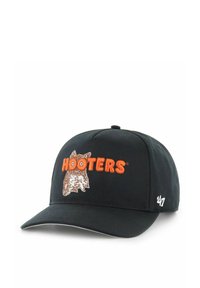 Gorra negra con un logotipo bordado de "Hooters" en naranja y marrón. Tejido suave con visera curva y acento cosido en el lateral.