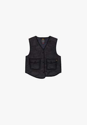 Black quilted vest with a button front, two front pockets, and a textured surface. Features contrasting edges and a round neckline.