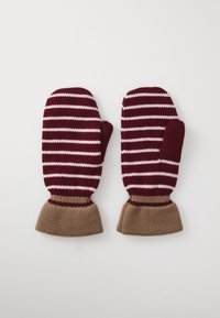 Moufles tricotées avec des rayures bordeaux et roses, dotées d'un poignet côtelé beige. Fabriquées en tissu doux, elles ont une forme arrondie.