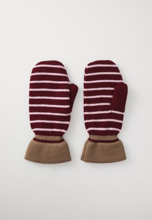 Strikkede votter med burgunder- og rosa striper og en tan ribbestrikket mansjett. Laget av mykt stoff, har de en rund form.