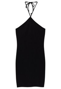 Musta halterneck-minimekko, joka on valmistettu sileästä kankaasta. Mekossa on kolmion muotoinen pääntie, jossa on solmittavat hihnat, ja se on muotoiltu tiukasti.