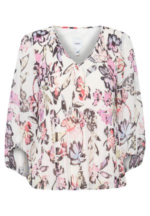 Lille õieprintidega pluus V-kaelusega, kolmeveerandsleeve'idega ja pleatid tekstuuriga. Omab heledat tausta mitmevärviliste lillemotiividega.