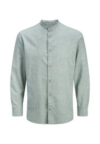 Heleroheline pika varrukaga linane särk mandariinkaeluse ja ees olevate nuppudega, valgel taustal.