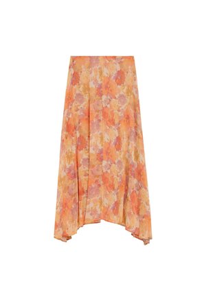 Falda midi fluida y asimétrica con estampado floral en tonos naranja, melocotón y rosa sobre tela ligera.