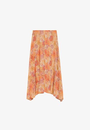 Falda midi fluida y asimétrica con estampado floral en tonos naranja, melocotón y rosa sobre tela ligera.