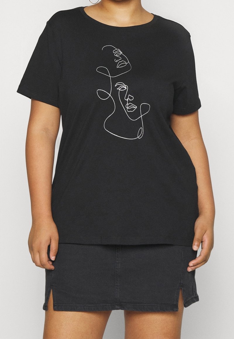 Schwarzes Baumwoll-T-Shirt mit einer weißen, durchgehenden Linienzeichnung von zwei abstrakten Gesichtern. Kurze Ärmel und lockeres Design.