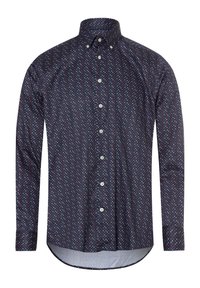 Camicia button-up blu navy con un motivo a diamante in rosso e azzurro chiaro. Presenta un colletto, maniche lunghe e chiusura frontale con bottoni. Materiale in cotone.