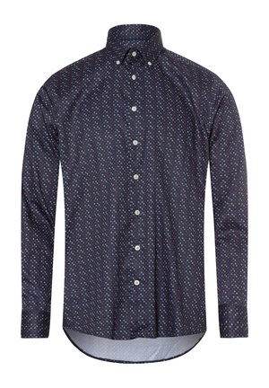 Navy-blaues Hemd mit Knopfleiste und Rautenmuster in Rot und Hellblau. Verfügt über einen Kragen, lange Ärmel und eine Knopfverschluss vorne. Aus Baumwolle.