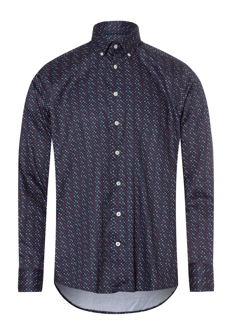 Camicia button-up blu navy con un motivo a diamante in rosso e azzurro chiaro. Presenta un colletto, maniche lunghe e chiusura frontale con bottoni. Materiale in cotone.