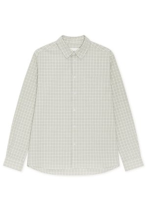 Pitkähihaiset, nappikiinnitteiset paita, jossa on beige ja vaaleanharmaa pieni ruutukuosi sekä klassinen kaulus.