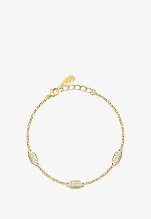 Bracelet chaîne en or avec trois cristaux rectangulaires sertis dans des accents métalliques polis. Fermoir mousqueton et étiquette de la marque inclus.