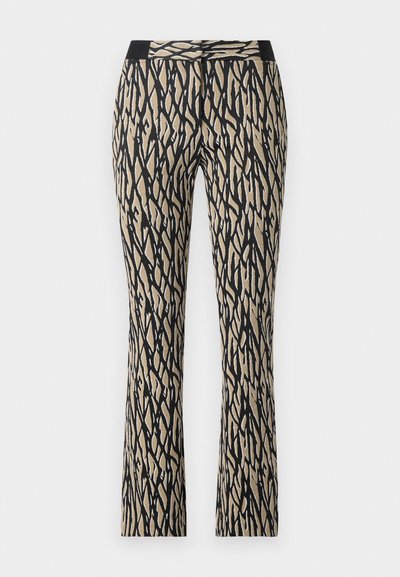 Black and beige patterned pants with a fitted waistband, featuring a abstract stripe design, crafted from a soft, stretchy fabric.