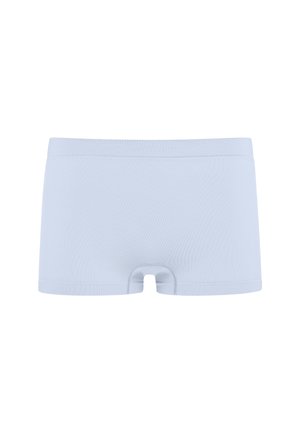 Light blue cotton boxer shorts with a smooth texture, featuring a mid-rise waistband and a central opening at the front.
