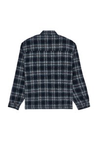 Long-sleeve dark blue and gray plaid shirt with a back yoke and buttoned cuffs, shown from the back on a white background.