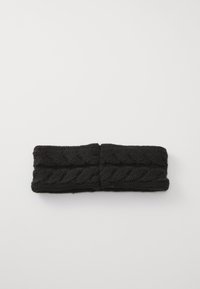 Bandeau en tricot noir avec une texture tressée, présentant une finition lisse et un design large, adapté à la chaleur et au style.