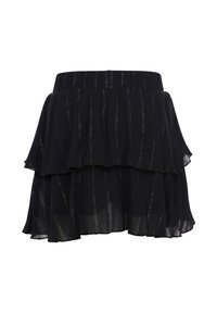 Zwarte gelaagde rok met een uitlopende design. Heeft een textiel met een structuur en metallic accenten en een elastische tailleband.