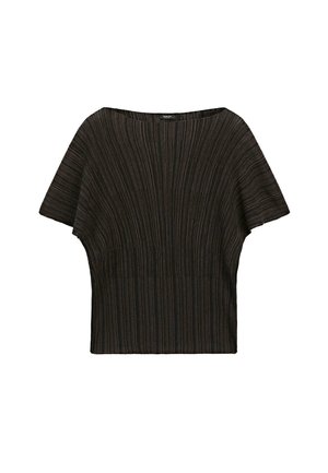 Ciemnobrązowy krótki rękaw top z prążkowanego dzianiny z szerokim dekoltem i pionowymi liniami tekstury, dopasowany w talii.