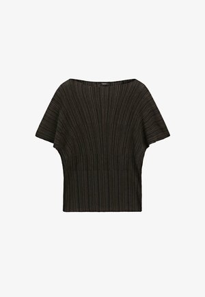 Ciemnobrązowy krótki rękaw top z prążkowanego dzianiny z szerokim dekoltem i pionowymi liniami tekstury, dopasowany w talii.