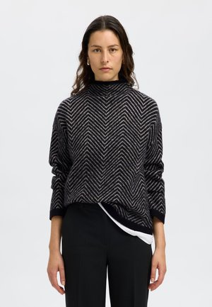 Selected Femme SLFLULU HERRINGBONE HIGH NECK - Strickpullover - black/birch