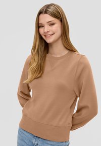  Lichtbruine sweatshirt met geribde hals en manchetten, met een aansluitende onderrand en lange mouwen. Glad materiaal met minimale ontwerpdetails.