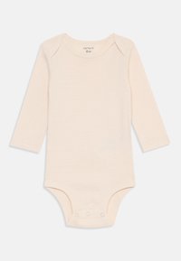 Body neonato a maniche lunghe in morbido beige con leggere righe. Include bottoni a pressione nella parte inferiore e una scollatura tondeggiante.