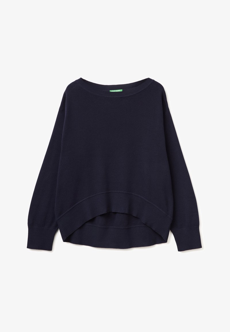 Pull bleu marine à manches longues avec un large col rond et un ourlet côtelé incurvé, plus long à l'arrière.