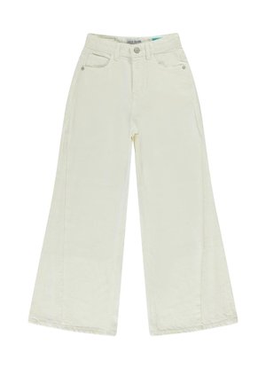 Wijdvallende broek in off-white katoenmix, met een hoge taille, twee voorzakken en een knoopsluiting. Gladde textuur met strakke lijnen.