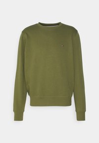 Felpa verde oliva in morbido cotone, scollo rotondo, maniche lunghe, polsini e orlo a costine, con piccolo logo sul petto.