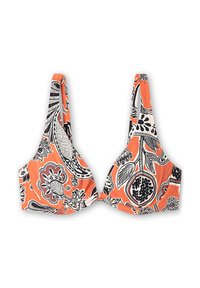 Top bikini arancione e crema con stampa floreale e paisley, dotato di spalline larghe e centro arricciato. Realizzato in tessuto testurizzato.
