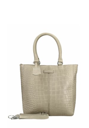 Béžová kožená kabelka s krokodýlím vzorem, dvěma uchy, odnímatelným ramenním popruhem a malou visačkou s názvem značky "Burkely".