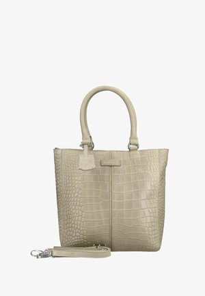 Beige læderhåndtaske med krokodillestruktur, to håndtag, en aftagelig skulderrem og et lille mærkat med brandnavnet "Burkely".