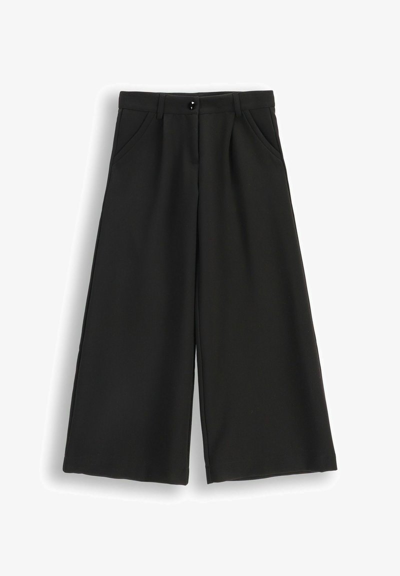 Czarne spodnie o szerokich nogawkach wykonane z gładkiej tkaniny, z wysokim stanem, przednimi kieszeniami i pojedynczym guzikiem z przodu.