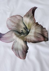 Blomster grafik på et hvidt stof, der viser en stor, realistisk blomst med beige og mauve nuancer, blød tekstur og indviklede detaljer af kronblade og støvdragere.