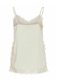 Camisole en satin couleur crème avec bretelles fines réglables et dentelle le long de l'encolure, des côtés et de l'ourlet.