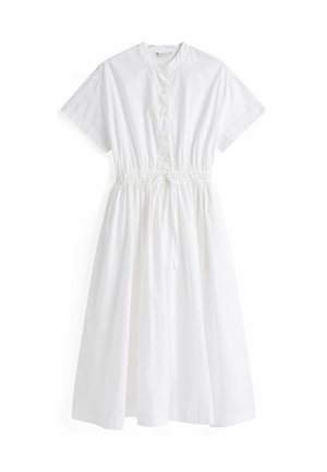 Robe en coton blanche à manches courtes et col rond. Inclut une fermeture à boutons et une taille ajustable avec cordons. Jupe fluide à longueur genoux.
