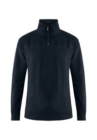 Ciemnoniebieski sweter z wysokim kołnierzem, z suwakiem na ćwierć, długimi rękawami i gładką fakturą. Prosty, elegancki fason bez wzorów.