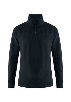 Ciemnoniebieski sweter z wysokim kołnierzem, z suwakiem na ćwierć, długimi r ękawami i gładką fakturą. Prosty, elegancki fason bez wzorów.