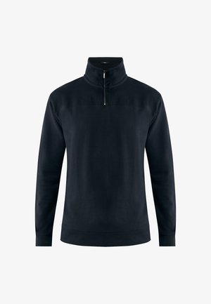 Pull-over sombre bleu marine avec un col haut, fermeture éclair quart, manches longues et une texture lisse. Design simple et épuré sans motifs.