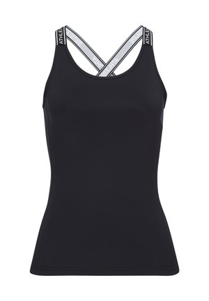 Black athletic tank top with crossed branded elastic straps at the back, fitted cut, and a scoop neckline.