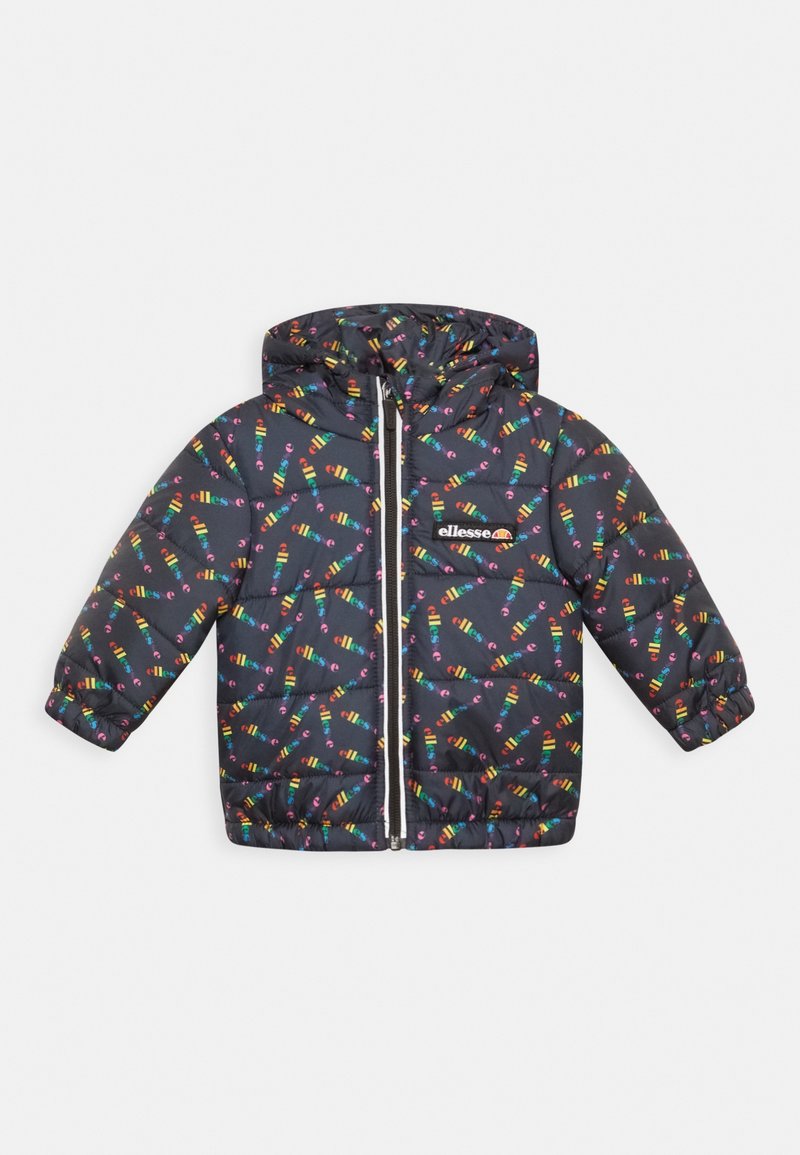 Veste matelassée bleu marine foncé avec un motif coloré de crayons, dotée d'une capuche et d'une fermeture éclair frontale. Comprend des poignets et une taille élastiques pour un ajustement parfait.